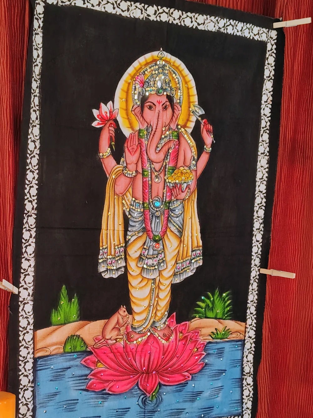 Ganesha On Lotus w Mushaka Fiber Art Sequins Rhinestones Hindu Mythology 35